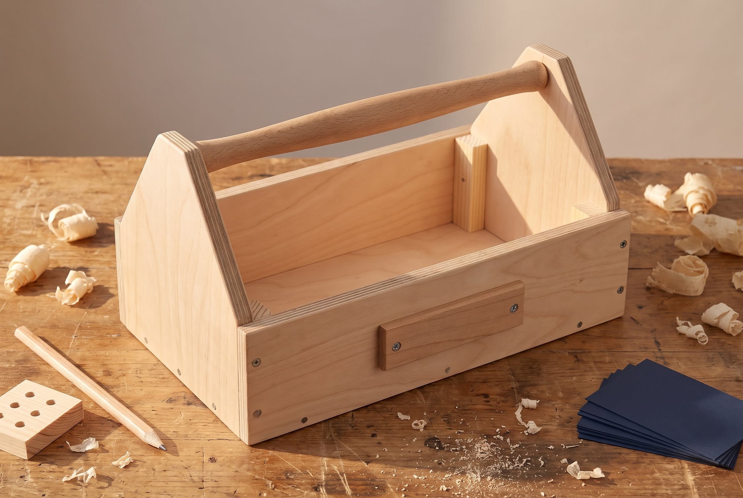 The finished toolbox, empty: a birch plywood carry tote on pine cleats with a dowel handle and a blank nameplate, on a workbench among wood shavings.