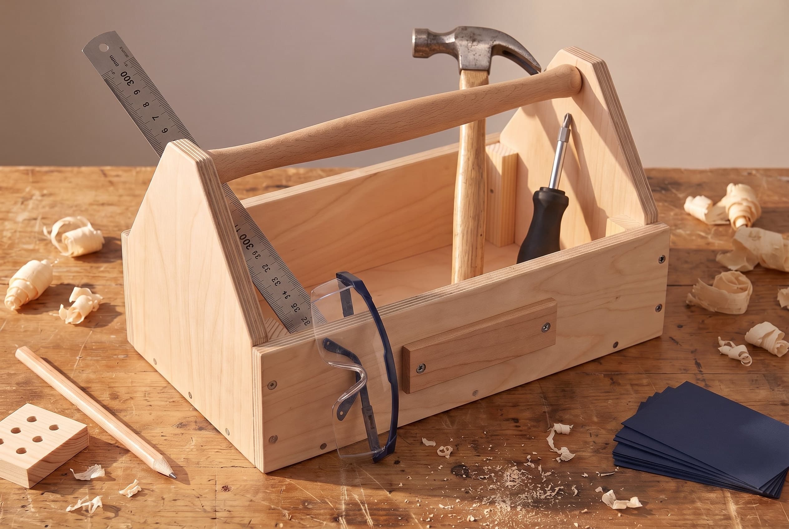 The finished toolbox on a workbench holding the hammer, screwdriver, steel ruler and safety glasses, with wood shavings around it.