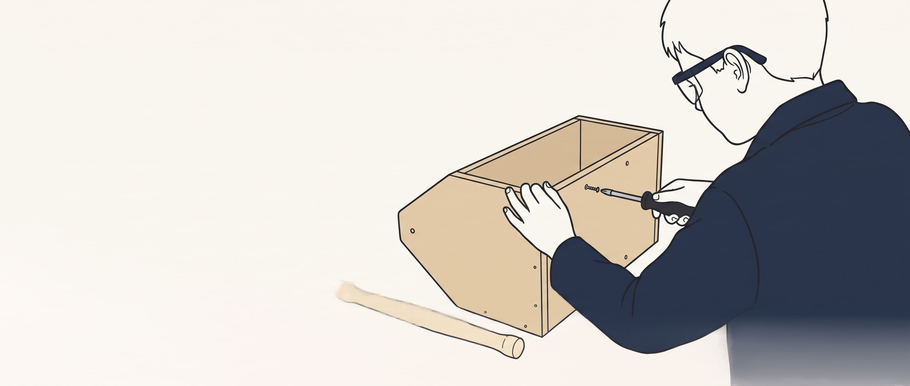 Line illustration of a child in safety glasses driving a screw into the practice board, free hand steadying the board clear of the work.